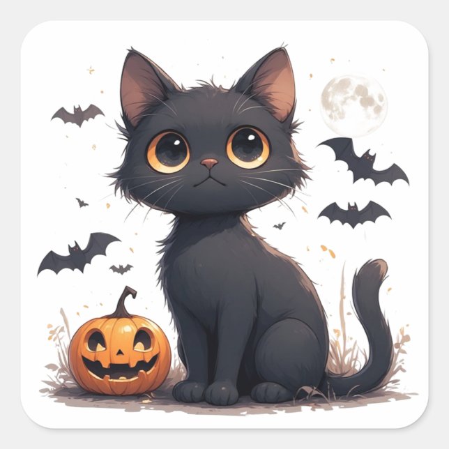 Kawaii Black Cat with pumpkin Halloween 🎃 Square Sticker (Front)