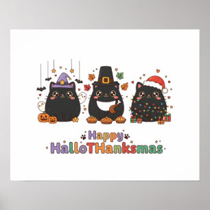 Kawaii Black Cats Happy HalloThanksmas  Poster