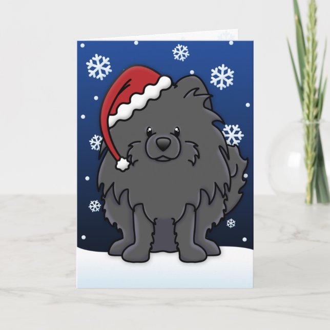 Kawaii Black Pomeranian Christmas Card (Front)