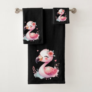 Kawaii Black with Baby Pink Flamingo Bath Towel Set