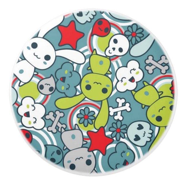 kawaii blue pattern ceramic knob (Front)