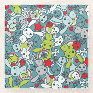 kawaii blue pattern glass coaster