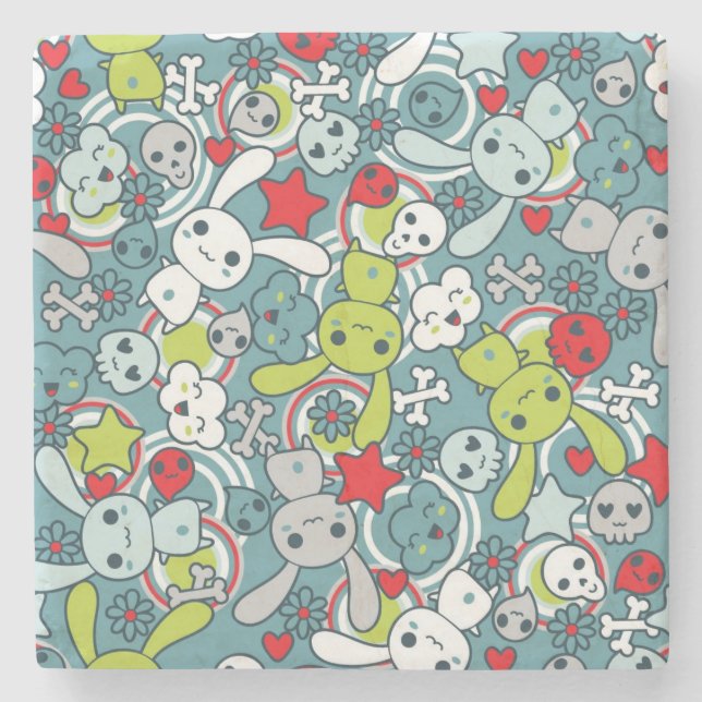 kawaii blue pattern stone coaster (Front)