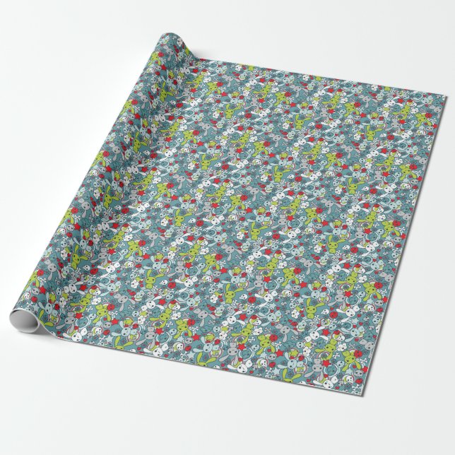 kawaii blue pattern wrapping paper (Unrolled)