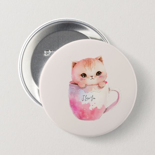 Kawaii Blushing Pink Chibi Cat 3 Inch Round Button (Front & Back)
