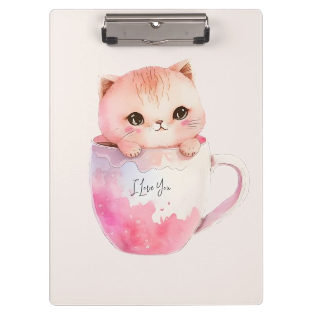 Kawaii Blushing Pink Chibi Cat Clipboard (Front)