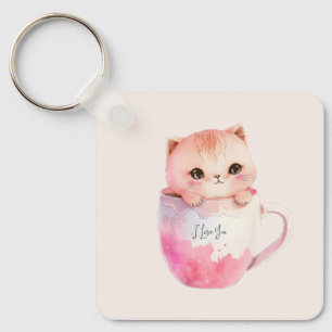 Kawaii Blushing Pink Chibi Cat Keychain