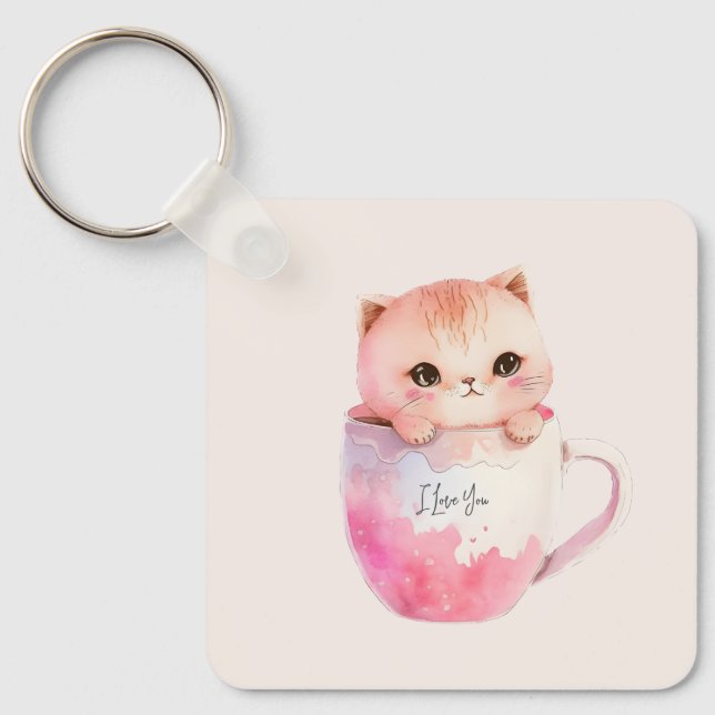 Kawaii Blushing Pink Chibi Cat Keychain (Front)