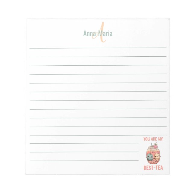 Kawaii boba bubble tea personalized best-tea lined notepad (Front)