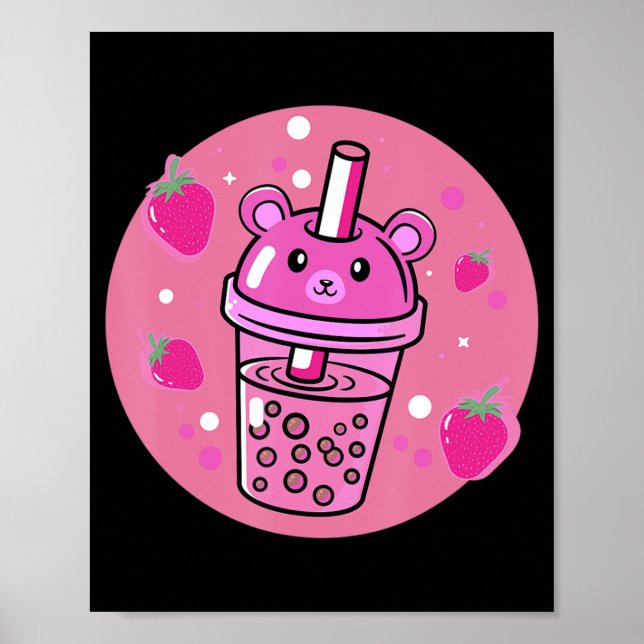 Kawaii Boba Cup Strawberry Anime Bubble Tea Cute  Poster (Front)