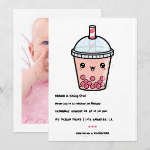 Kawaii Boba Tea First Birthday Party Photo Invitation