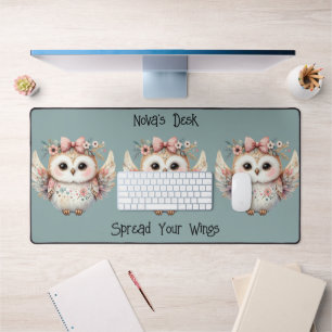 Kawaii Boho Owl Illustration Blue Desk Mat