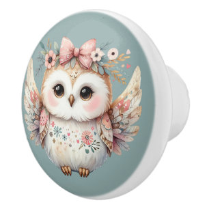 Kawaii Boho Owl Illustration Ceramic Knob
