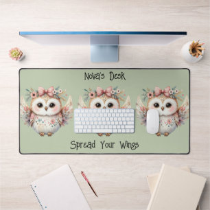 Kawaii Boho Owl Illustration Green Desk Mat