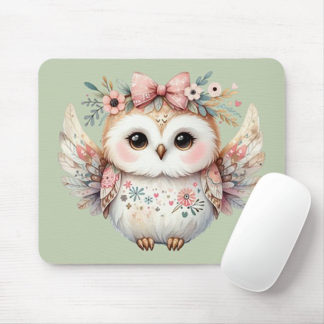 Kawaii Boho Owl Illustration Green Mouse Pad (With Mouse)