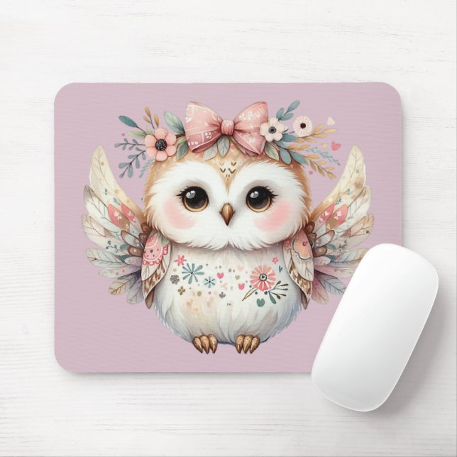 Kawaii Boho Owl Illustration Lavender Mouse Pad (With Mouse)