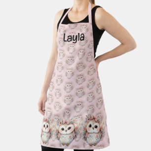 Kawaii Boho Owl Illustration Pink Apron