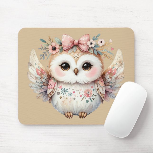 Kawaii Boho Owl Illustration Taupe Mouse Pad (With Mouse)