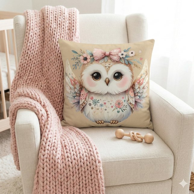 Kawaii Boho Owl Illustration Throw Pillow (Kawaii Boho Owl Illustration Throw Pillow Mockup A)