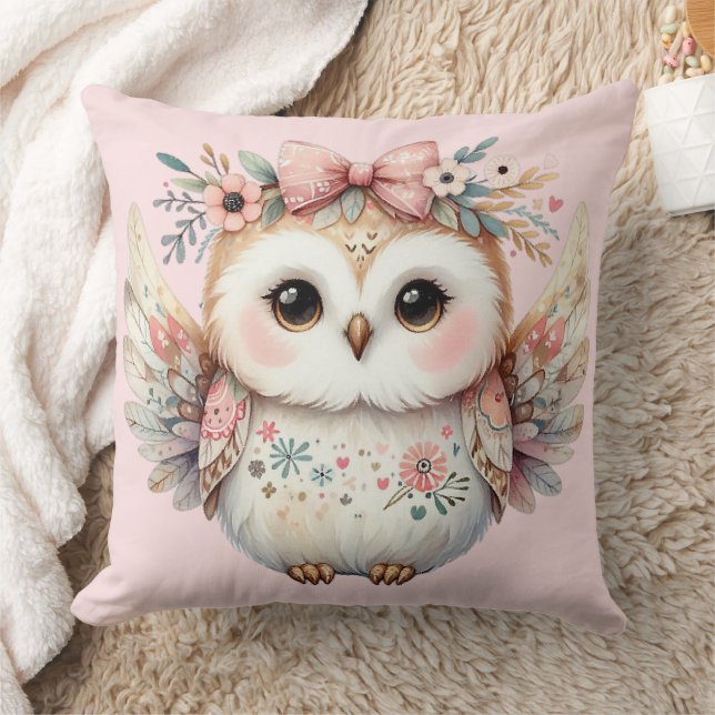 Kawaii Boho Owl Illustration Throw Pillow (Blanket)