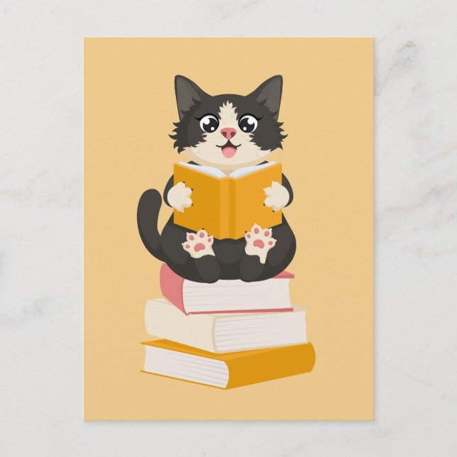 Kawaii Book Lover Simple Cartoon Cat Reader Book Postcard (Front)
