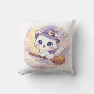 Kawaii Broom Witch Kitty Throw Pillow