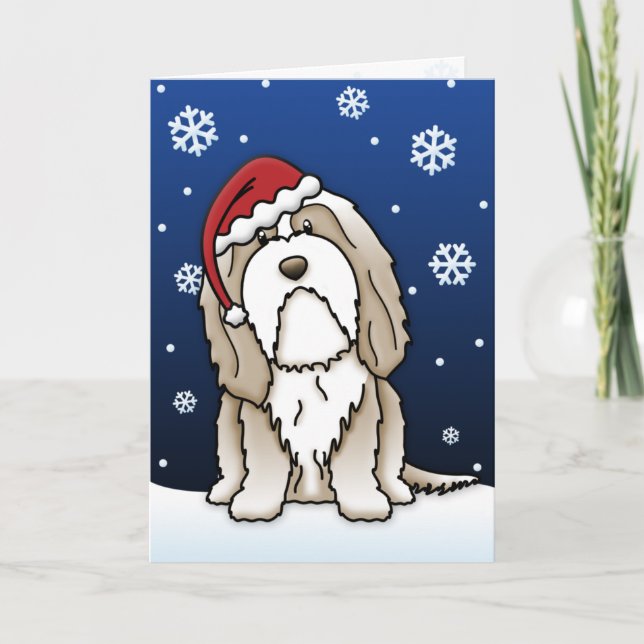 Kawaii Brown Bearded Collie Christmas Card (Front)