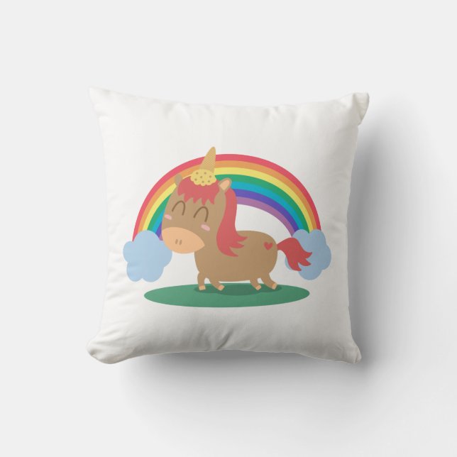 Kawaii Brown Horse trying to be a Unicorn Throw Pillow (Front)