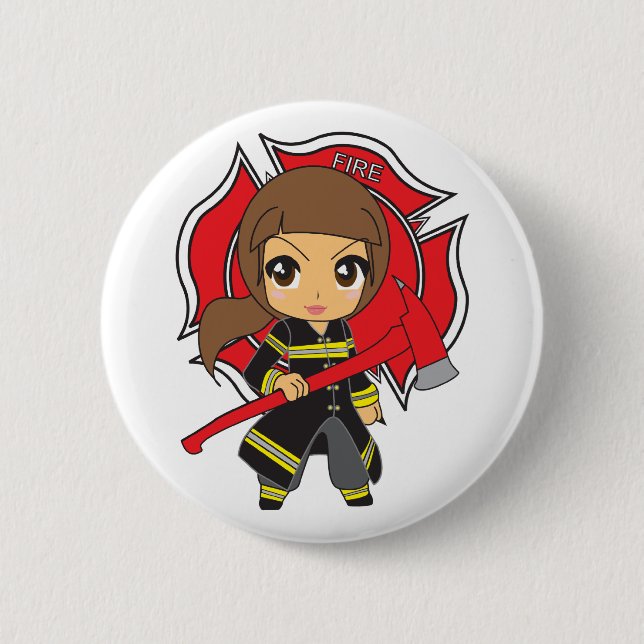 Kawaii Brunette Firefighter Girl - 2 Inch Round Button (Front)