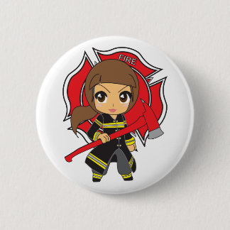 Kawaii Brunette Firefighter Girl - 2 Inch Round Button