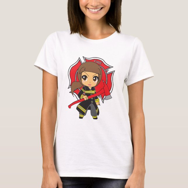Kawaii Brunette Firefighter Girl - Customizable T-Shirt (Front)
