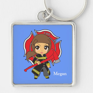 Kawaii Brunette Firefighter Girl Keychain
