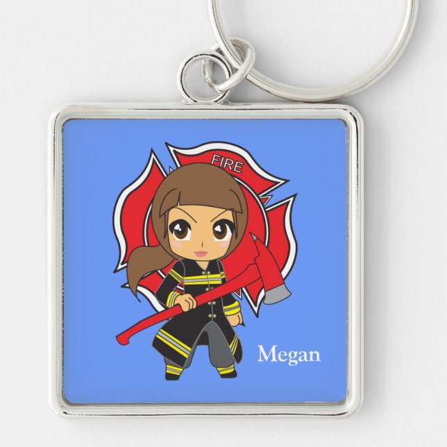 Kawaii Brunette Firefighter Girl Keychain (Front)