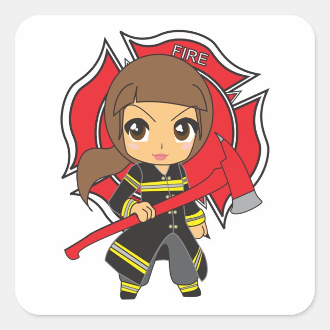 Kawaii Brunette Firefighter Girl - Square Sticker (Front)