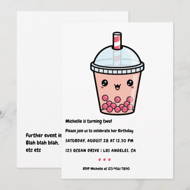 Kawaii Bubble Thé Anniversaire Fête Invitation (Devant / Derrière)