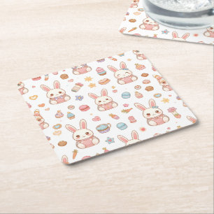 Kawaii Bunny Café Easter Cute Chibi Bunnies  Square Paper Coaster
