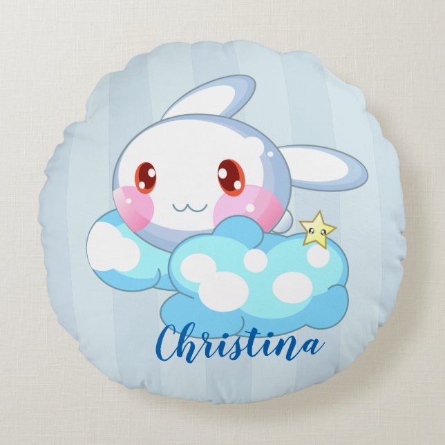 Kawaii Bunny, Cloud & Star Custom Round Pillow (Front)