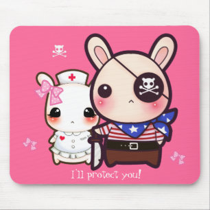 Kawaii bunny couple on pink mouse pad