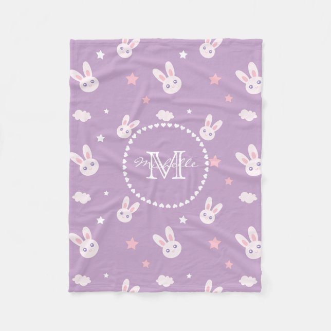 Kawaii Bunny Rabbit Pastel Purple Pattern Monogram Fleece Blanket (Front)