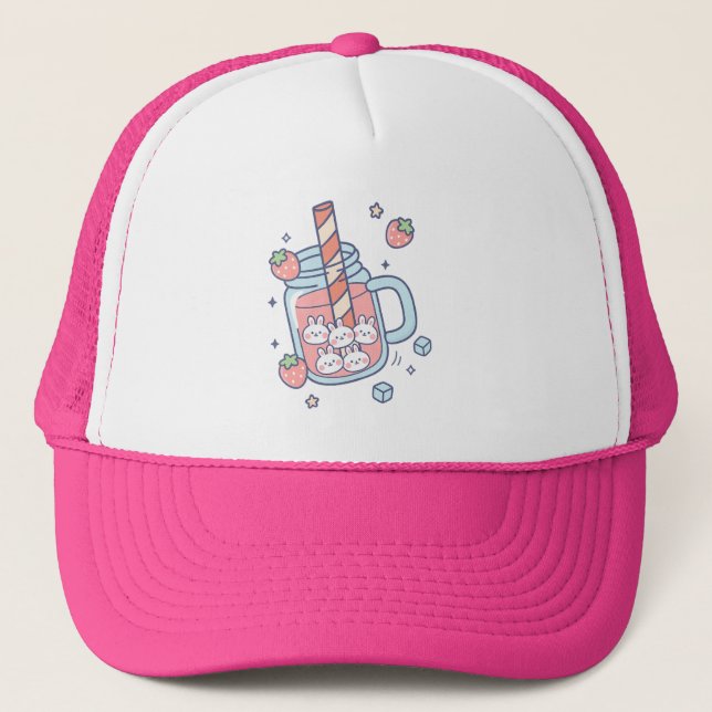 Kawaii Bunny Strawberry Drink Trucker Hat (Front)