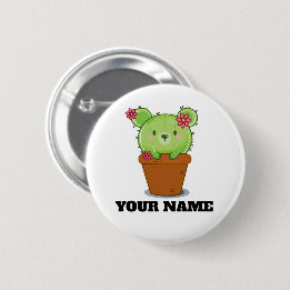Kawaii Cactus Bear in Flower Pot Button Badge