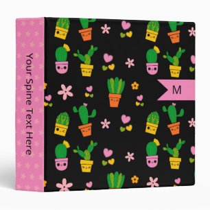 Kawaii Cactus Monogram Black Binder