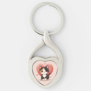 Kawaii Calico Cat Heart Valentine Design Keychain