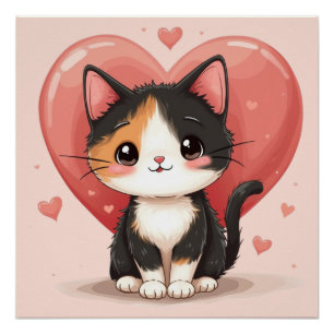 Kawaii Calico Cat Heart Valentine Design Poster