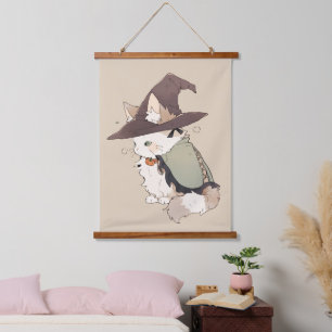 Kawaii Calico Cat Play A Witch Hanging Tapestry