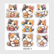 kawaii calico chat muffin Custom-Cut Vinyl Sticker