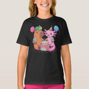 Kawaii Capybara and Axolotl Birthday Party T-Shirt