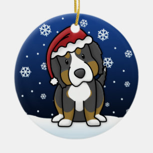 Kawaii Cartoon Bernese Mountain Dog Christmas Ceramic Ornament