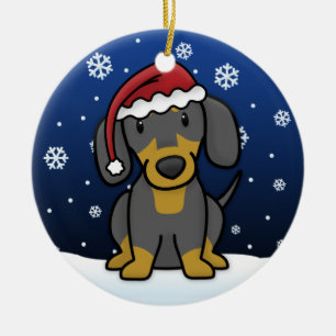 Kawaii Cartoon Black Tan Dachshund Christmas Ceramic Ornament