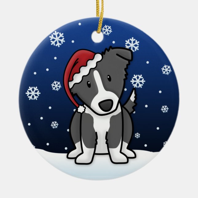 Kawaii Cartoon Border Collie Christmas Ceramic Ornament (Front)